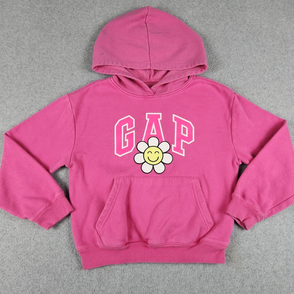 Gap Kids Hoodie XL Pink Daisy Smiley Face Logo Fleece Lined Long Sleeve Pullover